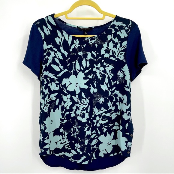 Banana Republic Short Sleeve Blouse Size S Blue Floral Print - Picture 1 of 9